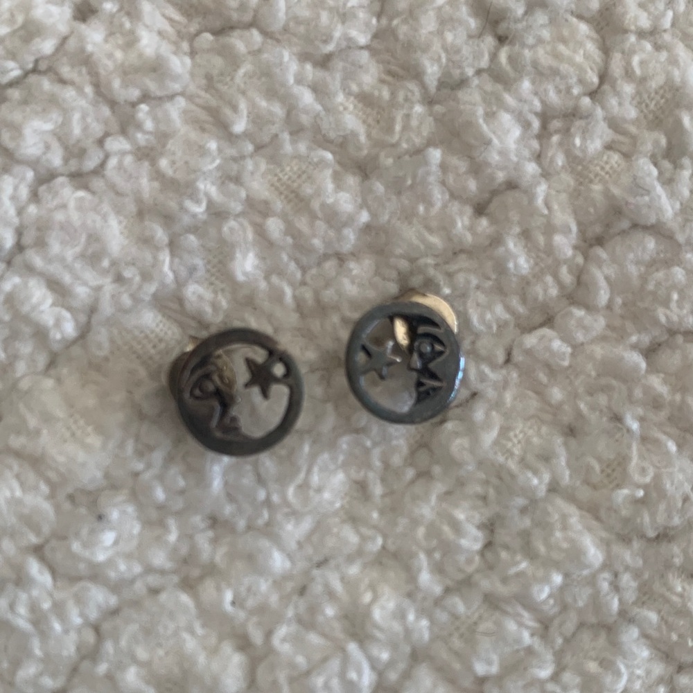 Moon and Star Stud Earrings - Silver Tone